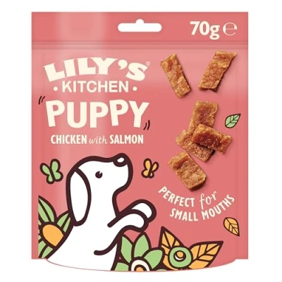 Image of Lily’s Kitchen Made with Natural Ingredients Puppy Dog Treats Packet Chicken Nibbles Salmon Grain Free Recipes 8 x 70g