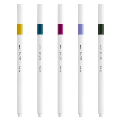 Image of Uni Ball On Point “Attain, EMOTT Coloured Pens 5 Pack in Violet, Khaki Green, Amethyst, Blue Green and Straw Yellow
