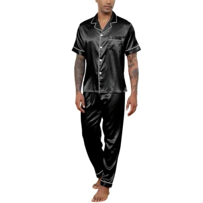 Image of Reliwel Mens Pyjamas Set Silk Short Sleeve Button down Shirt and Long Pants Silky Pjs Notch Collar Loungewear Sleepwear Nightwear S Xxl Black