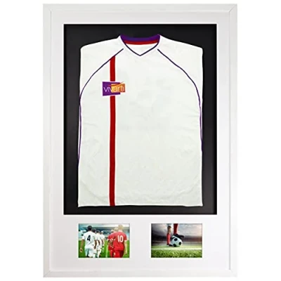 Image of Vivarti DIY Adult 3D Mounted + Double Aperture Sports Shirt Display Frame for Football Shirt, Rugby Band T Shadow Box 61 x 91.5cm White Frame, Mount, Black Backing Card