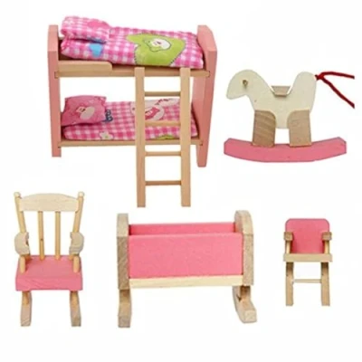 Image of Cisixin Pink Wooden Dolls Toy Furniture bedroom Pretend Play miniature set