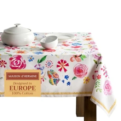 Image of Maison d&#039; Hermine Table Cloth 100% Cotton 140cm x 180cm Decorative Tablecover Washable Square Easter Tablecloths for Dining, Buffet Parties &amp; Wedding Use, Happy Florals Sweety Spring/Summer