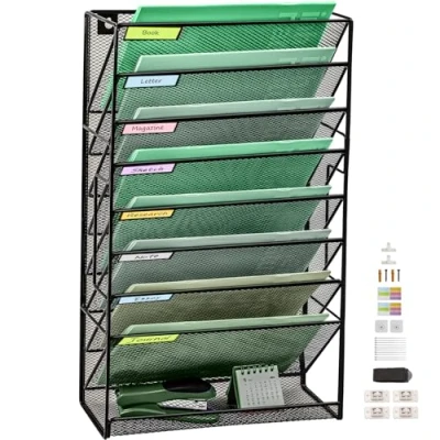 Image of 9 Tier Upgrade Mesh Wall File Holder Organizer with Bottom Flat Tray, Medium Vertical Hanging Organizer, Office Folder Magazine Rack, Nametag Label Hooks Set Included, Black