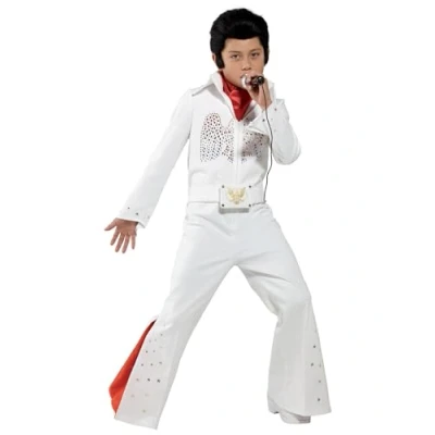 Image of Smiffys Elvis Costume in White for Kids, Jumpsuit and Scarf, Officially Licensed, All One with Sequin Detail Flared Trouser Red Insert, Perfect Fancy Dress