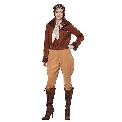 Image of California Costumes 01524L Amelia Earhart Aviator Adult Costume Character Sized, Solid, Brown, Large