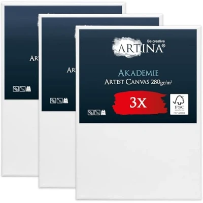 Image of Artina 3pcs Paint Canvas Set 50x70 cm FSC® for Painting 100% Cotton Stretcher Frame 280 g/m² Blank Canvases Art Acrylic, Watercolour &amp; Oil Plain Akademie