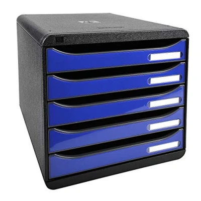 Image of Exacompta Ref 3097203D BIG BOX PLUS Desktop Drawer Set 5 x 43mm Drawers, Suitable for A4+ Documents, 347 278 271mm, 100% Recycled Plastic Black/Glossy Ocean Blue
