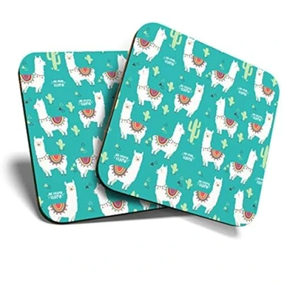 Image of Great Coasters (Set of 2) Square/Glossy Quality Coasters/Tabletop Protection for Any Table Type No Drama Llama Green Alpaca Print #16762