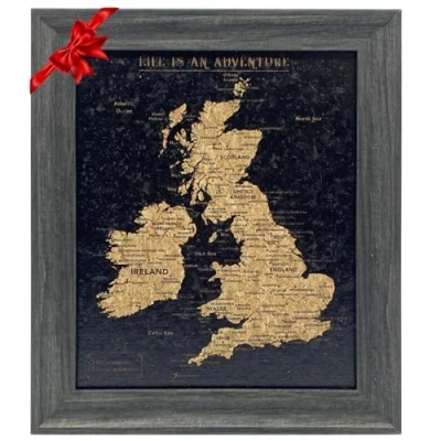 Image of Splosh Travel Map Desk UK &amp; Ireland Pin Board in Black, Wooden Frame. with 100 Pins 2 Colours to Mark Your Past Future Adventures, of Ireland.