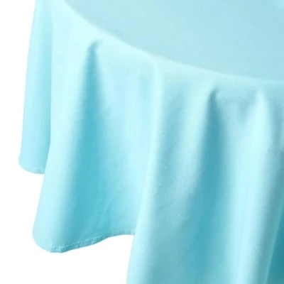 Image of HOMESCAPES Blue Cotton Round Tablecloth 6 to 8 seater Large Circular 178 cm (70 Inches) Washable Hand Woven 100% Plain with Decorative Ladder Stitch Edge