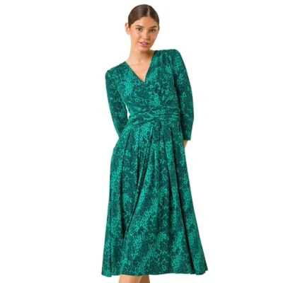 Image of Roman Originals Fit and Flare Dress for Women Ladies Chest Knot Ruched Tea Skater V Neck Formal Occasion Wedding Guest Smart Casual Everyday Wear Swing Midi Knee Length Green Noir Size 18