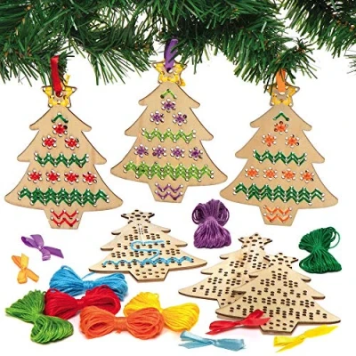 Image of Baker Ross AX424 Christmas Tree Wooden Cross Stitch Kit Pack of 5, Decorations, Kids Arts and Crafts Activity, Xmas Craft