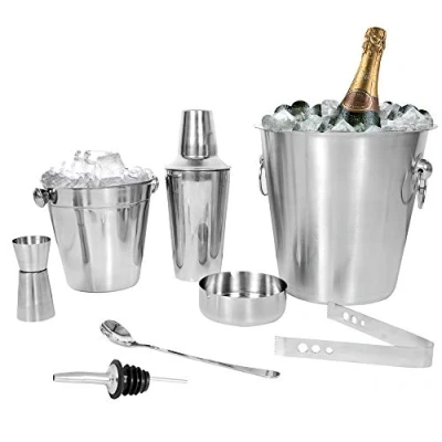 Image of Kosma 8 Piece Stainless Steel Cocktail Making Set, Bar Tool set (Includes Shaker, Champagne Bucket, Ice Jigger, Mixing Spoon, Ashtray, Wine Pourer, Tong)