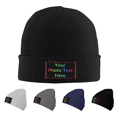 Image of Personalised Beanies Hat Caps Knitted Skull Cap Custom Winter Warm with Your Photo Text Name Logo Knit for Men &amp; Women