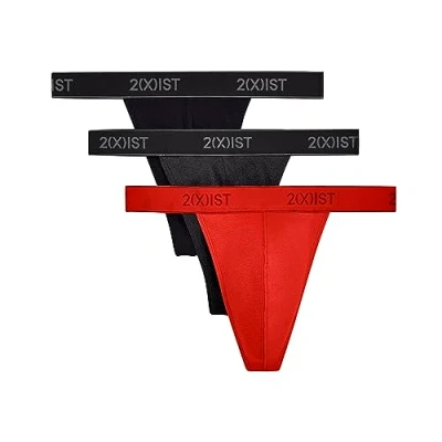 Image of 2(X)IST mens Essential Cotton Classic Thong 3 pack, Black/Charcoal Heather/Red, M