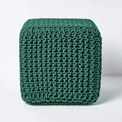 Image of HOMESCAPES Forest Green Knitted Cube Footstool Bean Filled 100% Cotton for Living Room Children or the Elderly