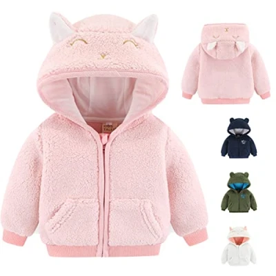Image of Newborn Infant Baby Boys Girls Cartoon Fleece Hooded Jacket Coat with Ears Warm Todder Kids Outwear Zipper Up 9 12M