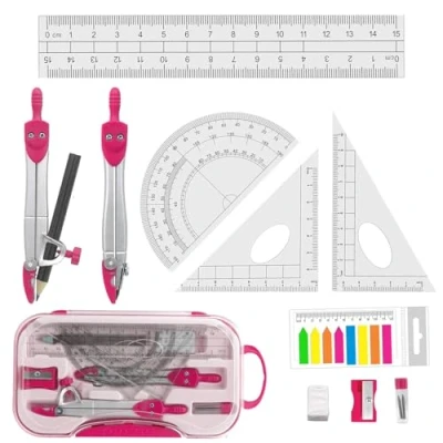 Image of Geometry Set for Students, 10PCS Math with Rulers, Protractor Compass, Box of Protactor Kit, Drawing and Measuring Class Supplies School
