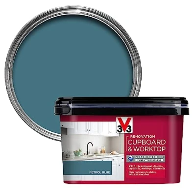 Image of V33 Renovation Cupboard &amp; Worktop Paint Petrol Blue 2L No Undercoat Durable Finish High Resistance To Water, Stains Scratches Washable Resistant Cleaning Products