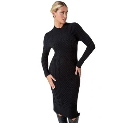 Image of Roman Cable Knit Midi Jumper Dress for Women UK Ladies Autumn Everyday Winter Holiday High Neckline Comfy Long Sleeve Soft Frock Desk to Dinner Gowns Black Size 18