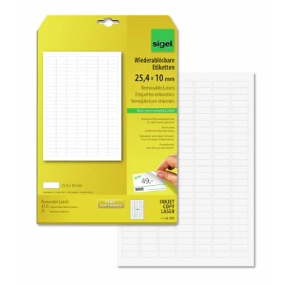 Image of SIGEL LA202 Universal Removable Labels, 2.54 x 1 cm, 4725 lbl equal to 25 sheets, White