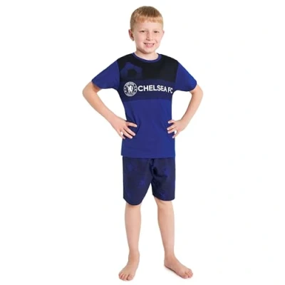 Image of Chelsea F.C. Boys Sports Fan Short Pyjamas Set, Cotton Lounge Wear Gifts for (Navy/Black, 5 6 Years)