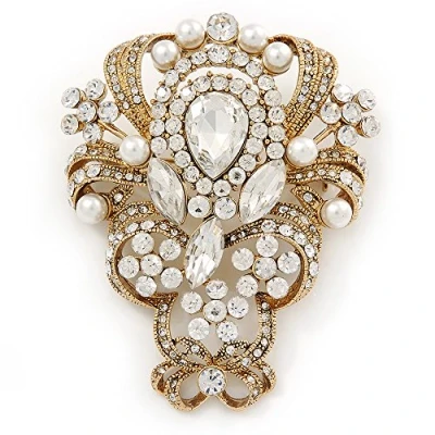 Image of Avalaya Vintage Inspired Bridal/Wedding Clear Austrian Crystal, White Glass Pearl Corsage Brooch in Gold Tone 65mm L