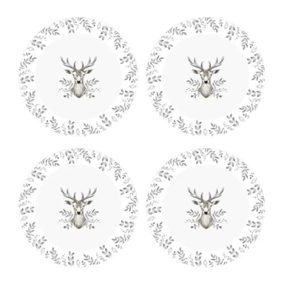 Image of YöL Set Of 4 Side Plates Christmas White And Grey Stag Design Porcelain Festive Dinner