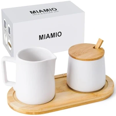 Image of MIAMIO Sugar and Cream Serving Set with Lid Spoon/Ceramic Coffee Bar Accessories Microwave &amp; Dishwasher Safe (White)