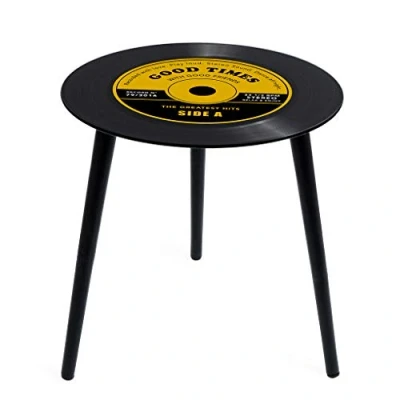 Image of Balvi Side Table Greatest Hits Yellow colour With shape of a Vinyl LP record wooden legs C