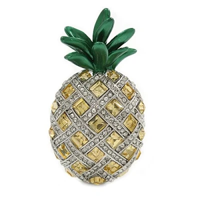 Image of Avalaya Funky Citrine/Clear Crystal Green Enamel Pineapple Brooch in Rhodium Plated Metal 50mm L