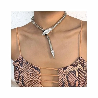 Image of Cubahop Snake Pendant Choker Necklaces Bracelets Set Rhinestones Necklace Hand Chain Jewelry for Women and Girls (Silver Necklace)