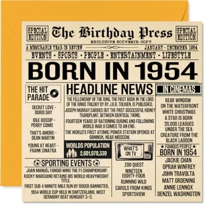 Image of 70th Birthday Cards for Men Women Born In 1954 Newspaper Happy 70 Card Grandad Grandma Nan Vintage Retro Back 1954, 145mm x Seventy Seventieth Bday Greeting