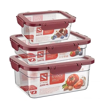 Image of Homeshopa Airtight Food Storage Containers with Lid, 3 pack Plastic Leak Proof Kitchen &amp; Pantry Containers, Reusable Meal Prep Box, Microwave Freezer Safe, BPA Free Lunch Box (Red)