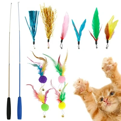 Image of Foppla 2Pcs Cat Wand,Interactive Feather Wand,39inch Retractable Wand with 10PCS Toys,Telescopic Fishing Pole Toy,Cat Teaser Toy for Indoor Cats Play Exercise