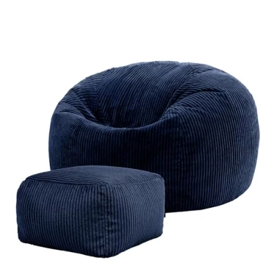Image of icon Kingston Cord Bean Bag Chair and Pouffe, Navy Blue, Large Lounge Bags for Adult with Filling Included, Jumbo Adults Beanbag, Boho Room Decor Living Furniture