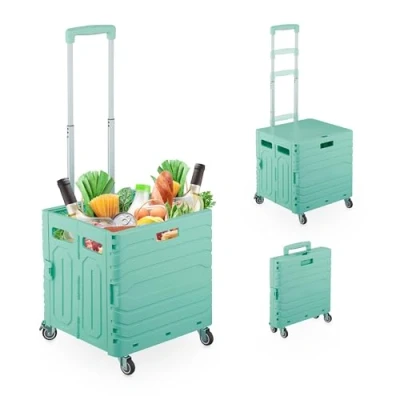 Image of Relaxdays Foldable Shopping Trolley, Collapsible Basket on Wheels, up to 35 kg Capacity, Telescopic Handle, Turquoise, Iron, 102 x 42 38 cm