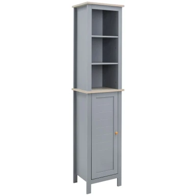 Image of kleankin Bathroom Floor Storage Cabinet with 3 Tier Shelf and Cupboard Door, Free Standing Linen Tower, Tall Slim Side Organizer Shelves, Grey
