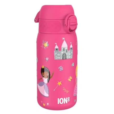 Image of Ion8 Insulated Steel Water Bottle, 320 ml/11 oz, Leak Proof, Easy to Open, Secure Lock, Dishwasher Safe, Carry Handle, Flip Cover, Metal Raised Print, Stainless Steel, Princess Design