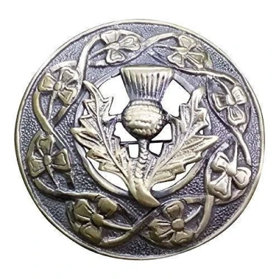 Image of Scottish Highland Round Design Thistle Chrome Finish Brooch With Pin and Hook