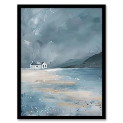 Image of Artery8 Classic Scottish Cottage on Coast Oil Painting Living Room Artwork Framed Wall Art Print 18X24 Inch