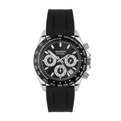 Image of Sekonda Classic Circuit Men&#039;s 43mm Chronograph Watch in Black with Analogue Date Display, and Silicone Strap 30199