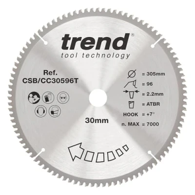 Image of Trend Wood Cordless ATBR Mitre Saw Blade, 305mm Diameter, 30mm Bore, 96 Teeth, 2.2mm Kerf, +7 Hook, TCT, Extra Fine Finish, CSB/CC30596T