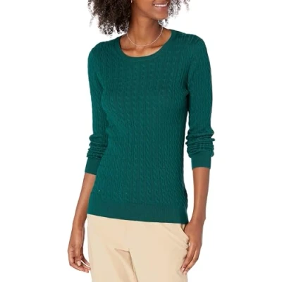 Image of Amazon Essentials Women&#039;s Lightweight Long Sleeved Cable Crewneck Sweater (Available in Plus Size), Dark Green, S