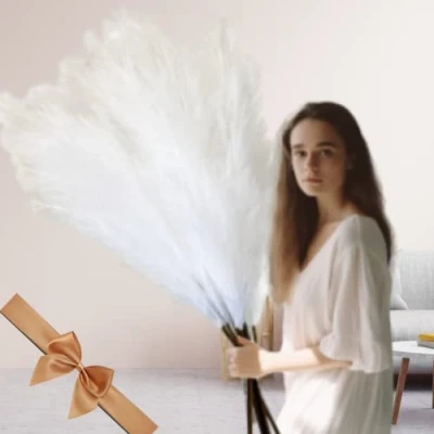 Image of White Pampas Grass Large 3 stems x 116cm Feathers Fake Plants Long Stem Artificial Flowers For Tall Vases