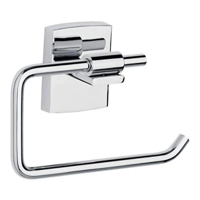 Image of tesa KLAAM Toilet Paper Holder No Drill Chrome Plated Metal Roll without Lid for Bathrooms and Guest Toilets Includes Removable Glue Solution