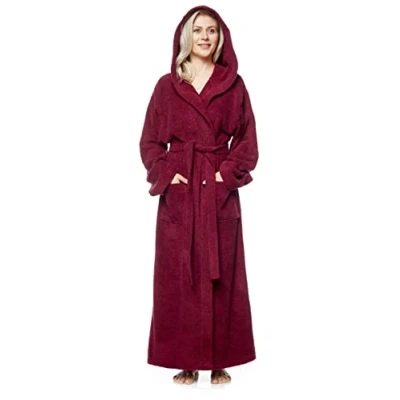 Image of Arus Women&#039;s bathrobe with hood, full length, 100% cotton terry, women`s size: M long, unisex S Burgundy