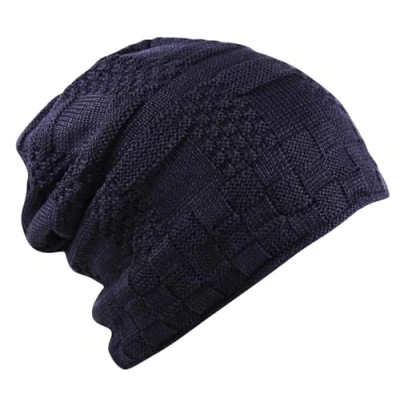 Image of Itzu Unisex Slouch Beanie Waffle Knit Winter Hat Warm Soft Thick Faux Fur Fleece Lining Mens Womens in Navy Blue (Waffle)
