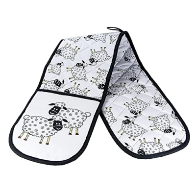Image of SPOTTED DOG GIFT COMPANY Double Oven Gloves, Heat Resistant Mitt, Black and White Sheep Themed Kitchen Mitts, Cute Cooking &amp; Baking Gifts for Animal Lovers Women Men