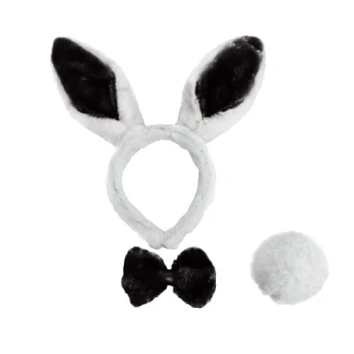 Image of 12 X HEN NIGHT BUNNY SET BLACK &amp; WHITE FANCY DRESS COSTUME ACCESSORY RABBIT EARS + BOWTIE TAIL PARTY EASTER
